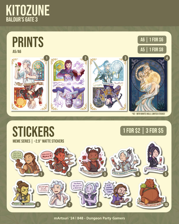 Baldur's Gate 3 Prints - A6 - 1 for $6, A5 - 1 for $8. Baldur's Gate 3 Stickers (Meme Series) - 1 for $2, 3 for $5.